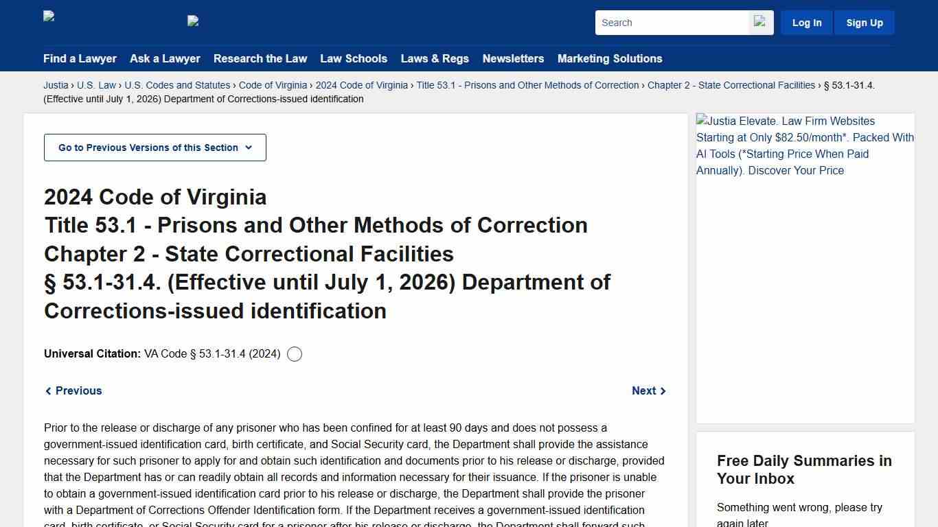 Code of Virginia § 53.1-31.4 (2024) - (Effective until July 1, 2026) Department of Corrections-issued identification :: 2024 Code of Virginia :: U.S. Codes and Statutes :: U.S. Law :: Justia